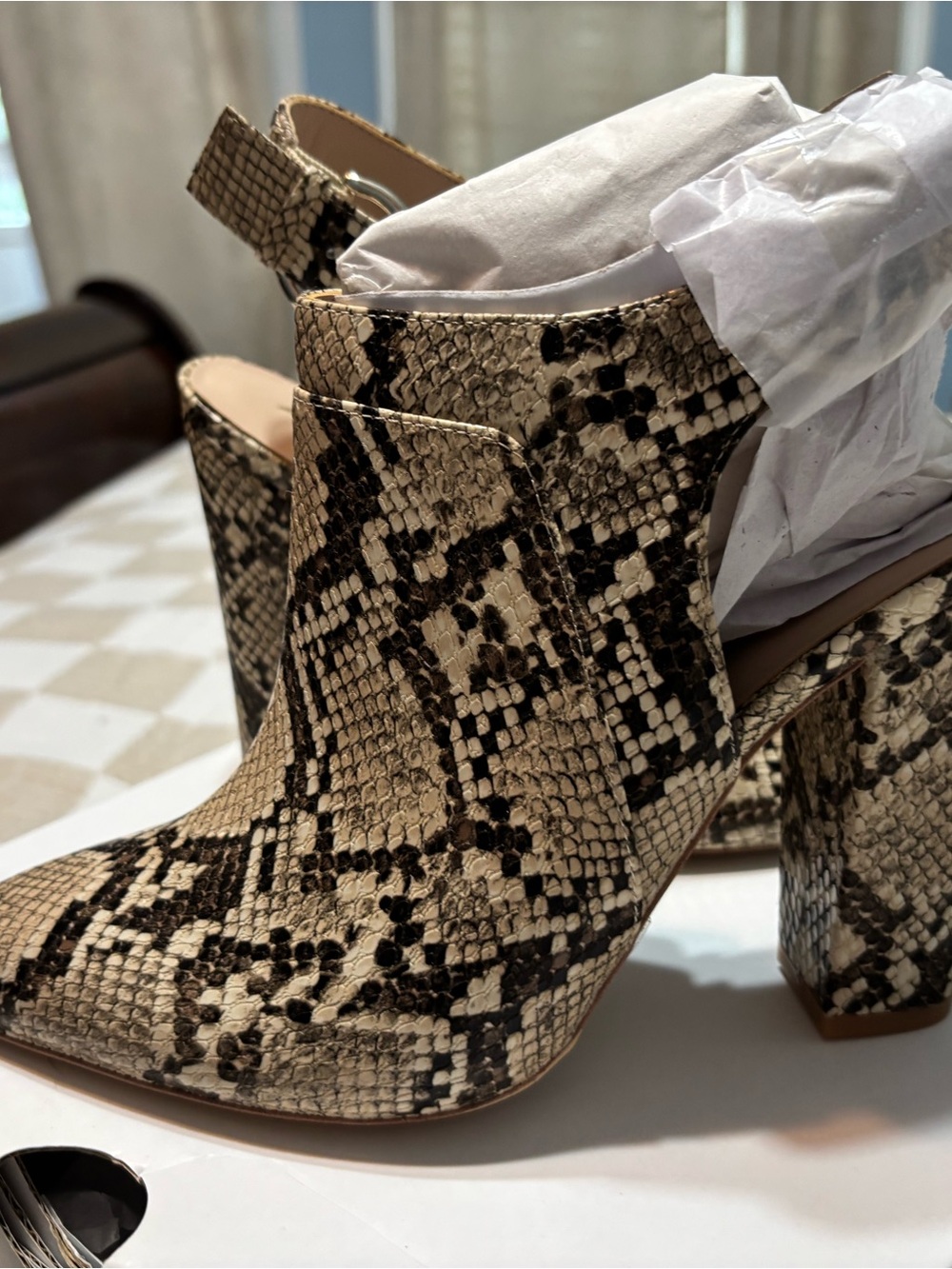 XOXO Taupe and Black Snake-Print Block Heel Ankle Boots